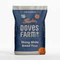 A 25 kg bag of Doves Farm Organic Strong White Bread Flour, featuring a navy blue and gray packaging design with white text and a small orange accent badge.