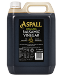 A 5 litre plastic jug of Aspall Organic Balsamic Vinegar, featuring a black label with gold and white text, a beige plastic spout, and a white ribbed cap, set against a plain white background.