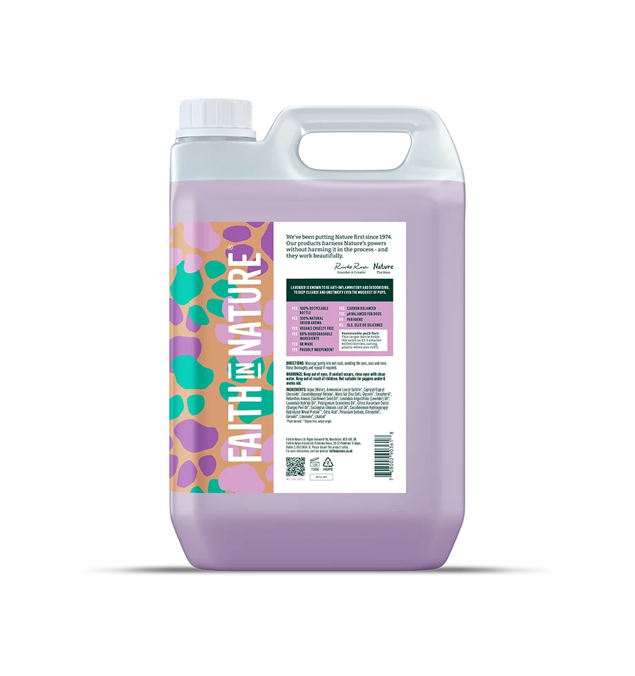 A 5L Refill tub of Faith in Nature dog shampoo. 