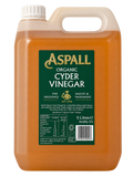 A 5 litre plastic jug of Aspall Organic Cyder Vinegar for dressings and marinades, filled with amber liquid and featuring a dark green label with gold lettering.