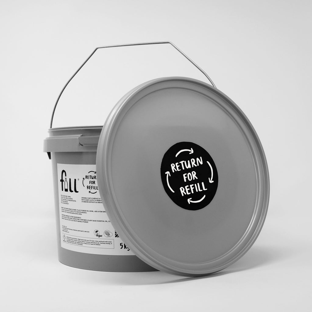 A gray plastic paint bucket with a metal handle, shown with its lid leaning against the front. The lid has a black circular sticker that reads 'RETURN FOR REFILL' with arrows.