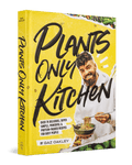 The book 'Plants Only Kitchen' by Gaz Oakley, featuring a bright yellow cover with bold black hand-lettered title text and a photo of the author holding food. The book is shown standing upright at a slight angle against a clean white background.