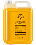 A 5-liter plastic jerrycan of Cotswold Gold extra virgin cold pressed rapeseed oil, filled with golden yellow oil and featuring a white screw cap and handle on a white background.