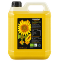 A 5-liter plastic jug of Essential Organic Sunflower Oil, cold-pressed and unfiltered. The jug is filled with bright yellow oil, has a black ribbed cap, and a prominent black label featuring a large yellow sunflower illustration and product details.