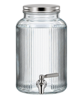 A large clear glass beverage dispenser jar with vertical fluting, a stainless steel lid, and a metal spout with a flat handle, shown on a plain white background.