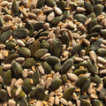 This close-up shot showcases a mix of seeds and grains, potentially including sunflower, pumpkin, and flax seeds. 