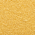 A close-up texture shot of small, round, white organic raw couscous filling the entire frame.