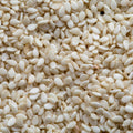 A close-up, top-down view of raw white sesame seeds filling the entire frame.