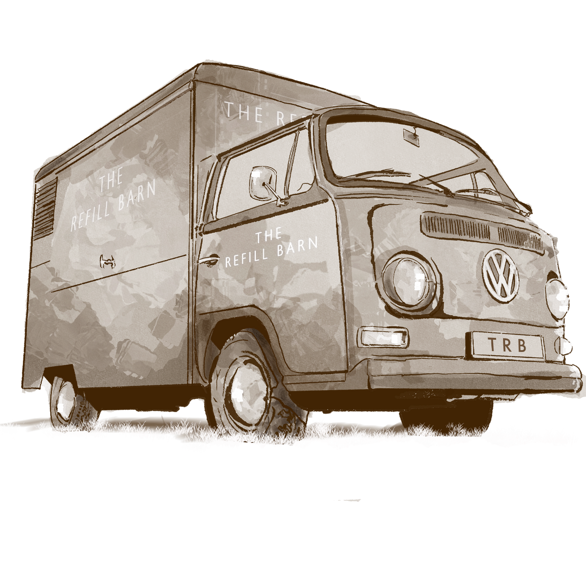 Vintage van with 'The Refill Barn' branding on a white background