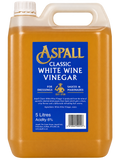 A 5-liter plastic jug of Aspall Classic White Wine Vinegar, filled with golden amber liquid, featuring a blue and gold label.