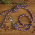 A purple and orange patterned rope dog leash with a silver metal clasp, laid out on a rustic wooden surface with small dog treats and green grass accents.