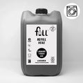 A gray plastic jerrycan-style container of full refill laundry liquid bio, labeled Lavender, on a light gray background. A small circular icon in the top right shows a washing machine.