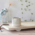 A small ceramic pitcher with a two-tone beige and off-white glaze, resting on a light wooden serving board. The background features a soft-focus glass vase with dried grass and green trailing vines against a neutral wall.